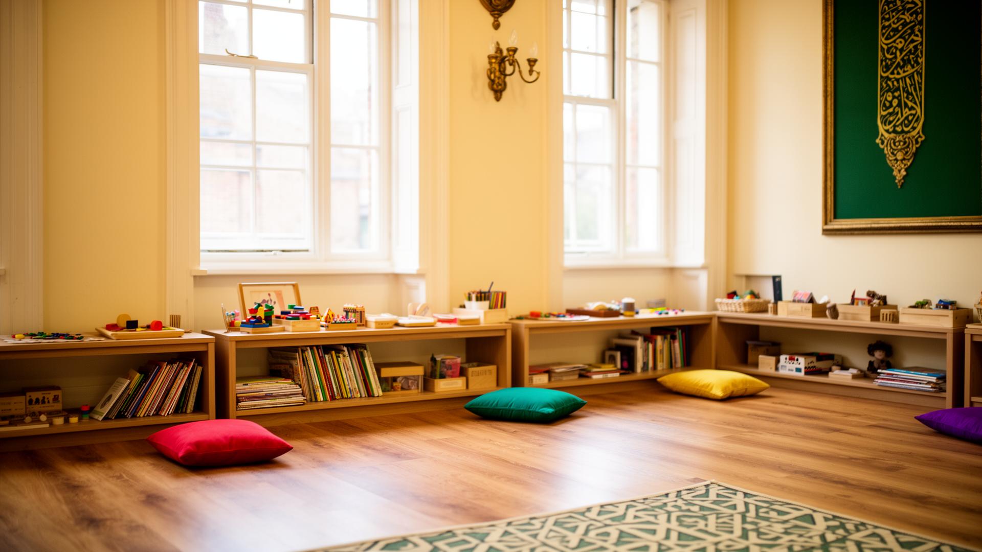 Bright activity room with bookshelves and floor cushions